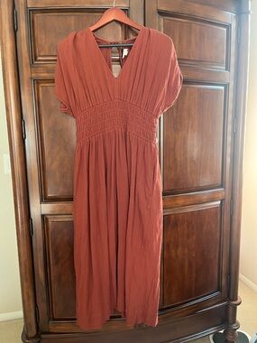 LOFT Rust Midi Dress with Smocked Waist